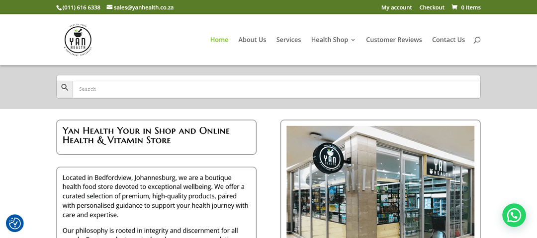 Front page of Yan Health a health and wellness e-commerce website