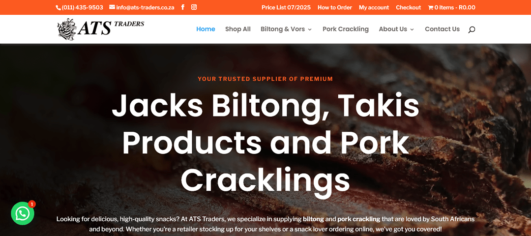 Home page of ATS traders, an e-commerce retailer in the food snack industry