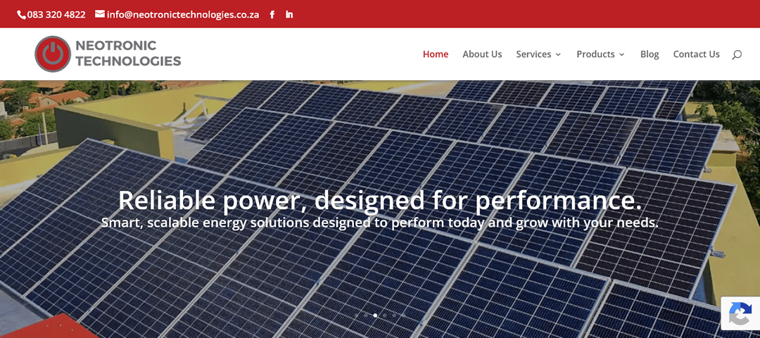 Front page of website providing alternative energy solutions