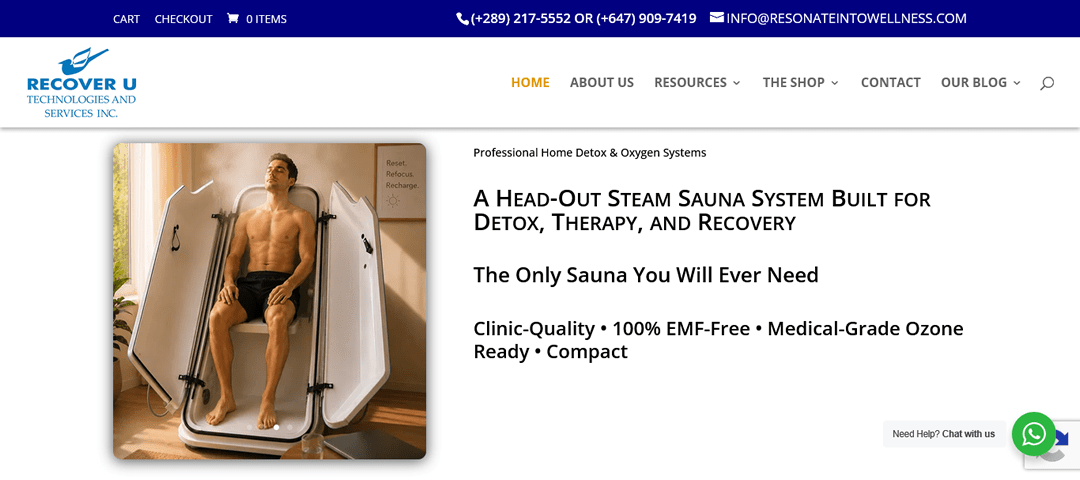 Front page of Recover U technologies showing a slider of a lady and gentle inside a steam sauna cabinet